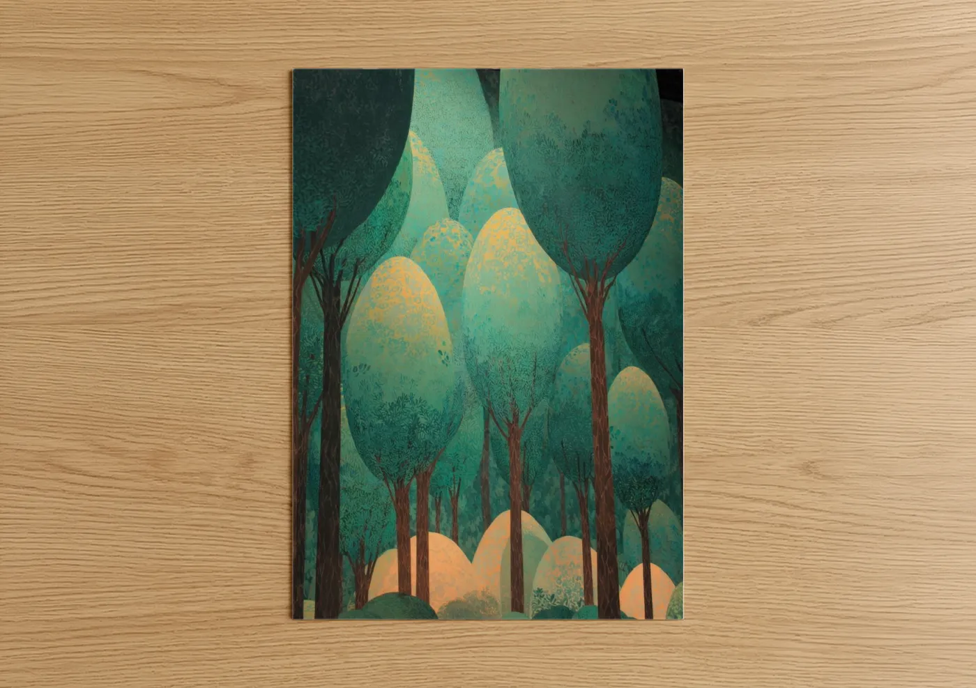 Art print on warm oak wood — teal and gold palette — Golden Forest Easter poster