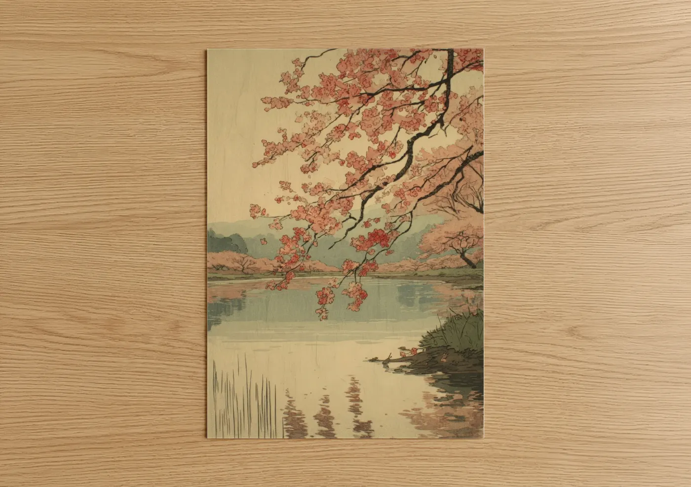 Cherry Blossom River Landscape Watercolor Wall Art