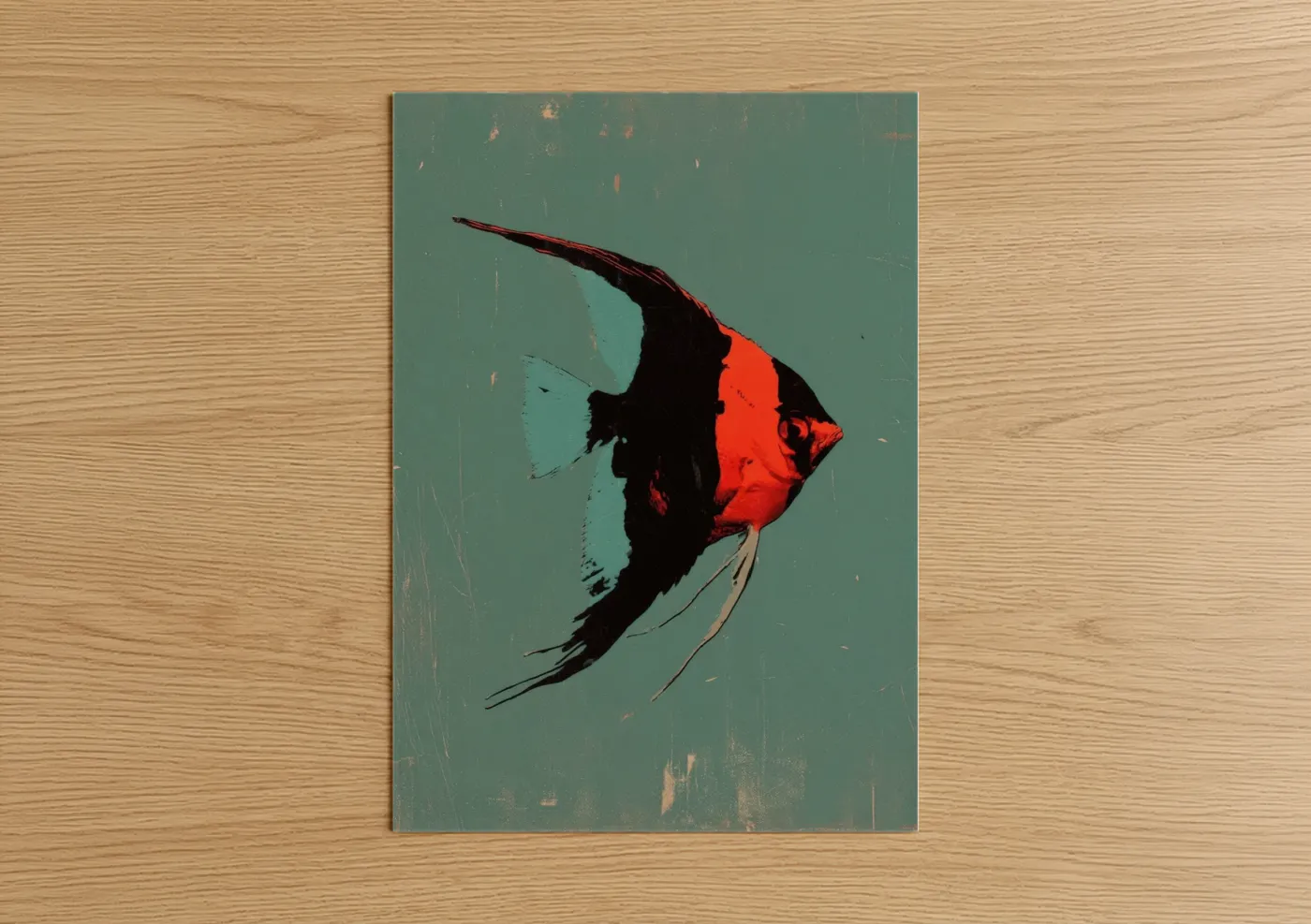 Art print on warm oak wood — teal and red palette — Crimson Angel Fish poster