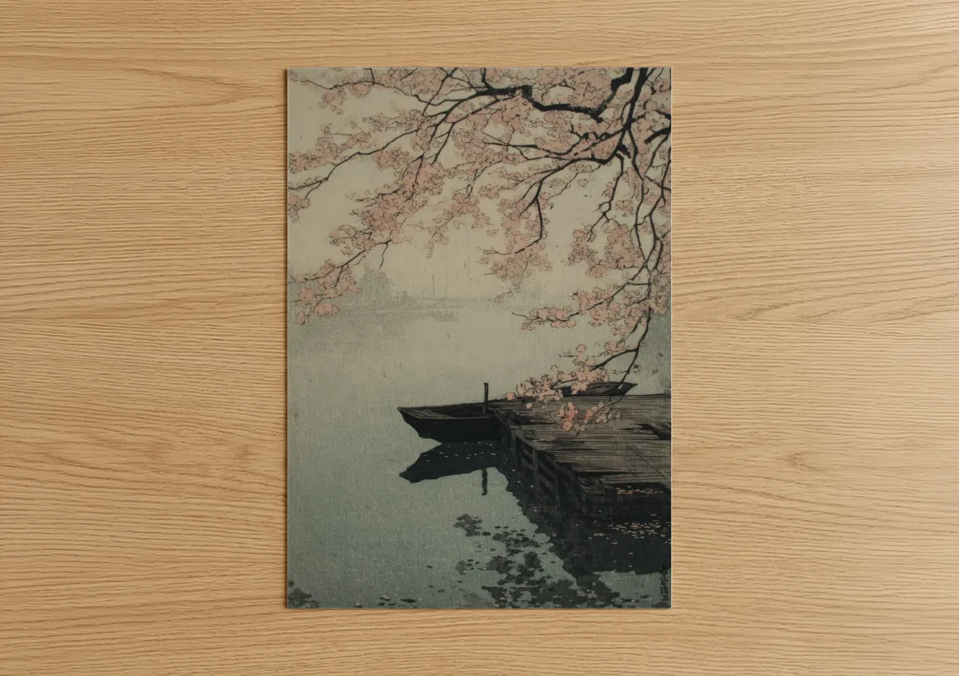 Docks and piers art print on warm oak wood — cream and gray palette — Misty Dock Bloom poster