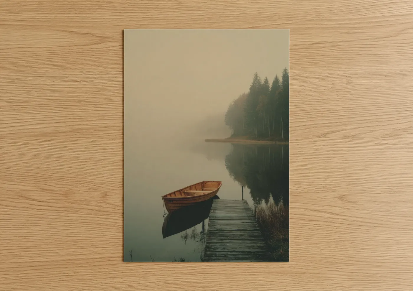 Misty Lake Boat Wooden Dock Reflection Wall Art