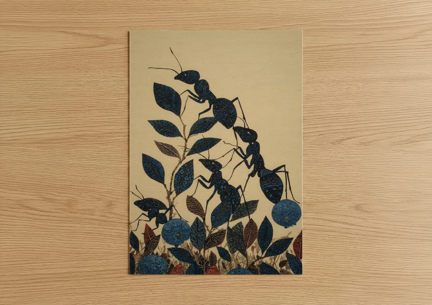 Art print on warm oak wood — dark blue and cream palette — Foraging Ants poster