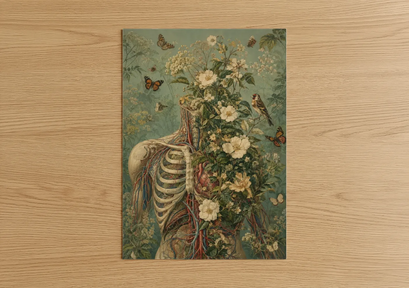 Skull art print on warm oak wood — sage green and cream palette — Anatomical Floral Skeleton Wall Art poster