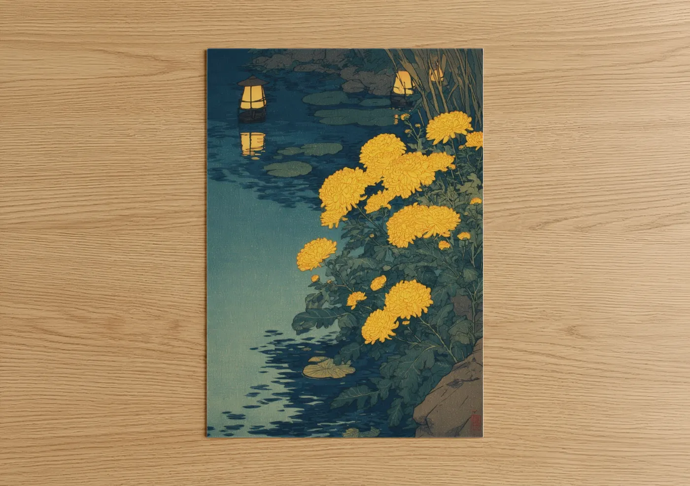 Art print on warm oak wood — dark blue and yellow gold palette — Moonlit Chrysanthemums poster