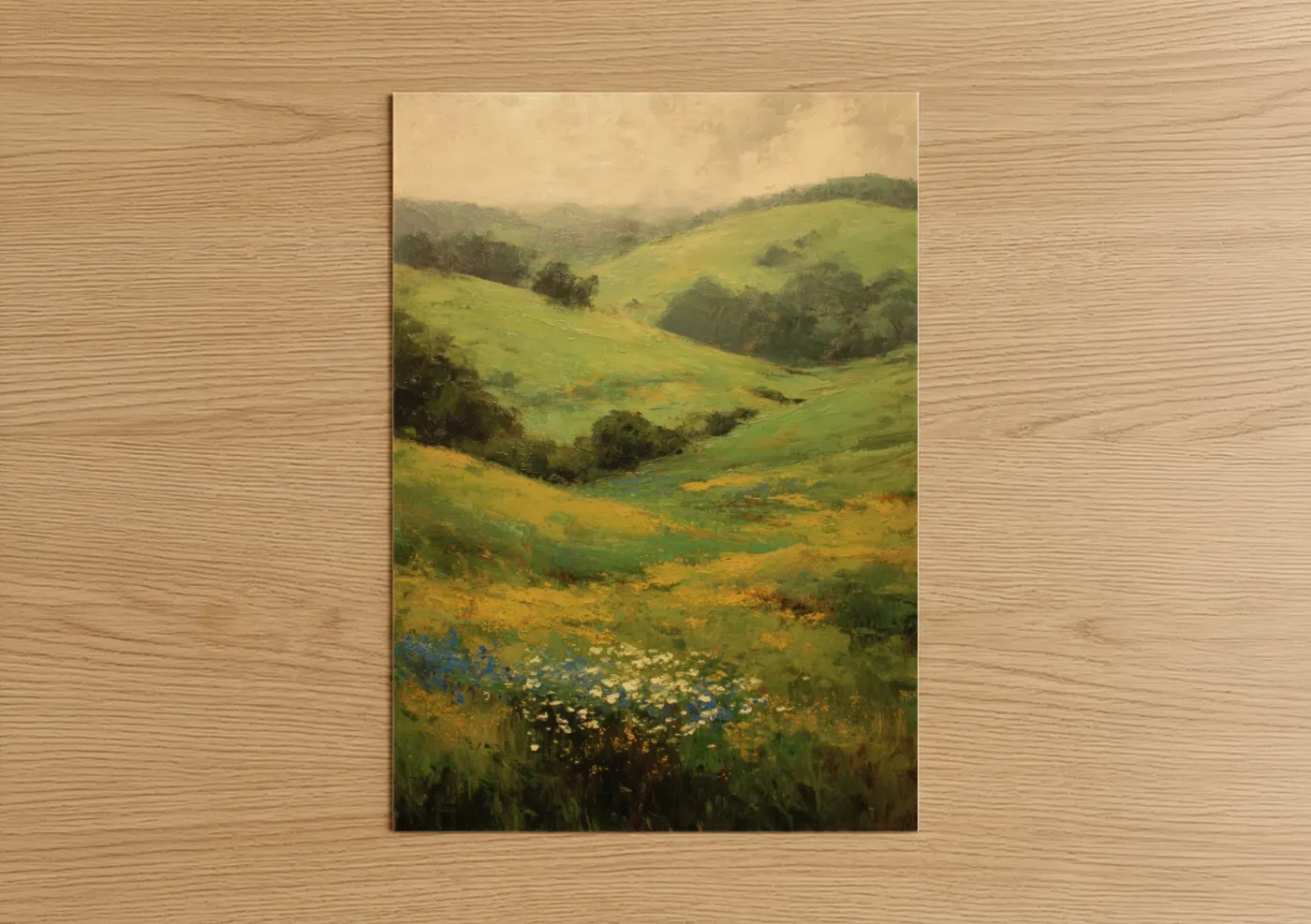 Green field art print on warm oak wood — light green and yellow gold palette — Rolling Meadow poster