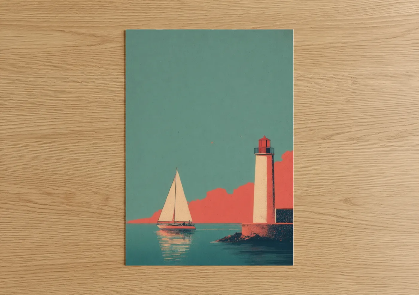 Sailing ship art print on warm oak wood — teal and salmon pink palette — Coastal Lighthouse Sailing poster