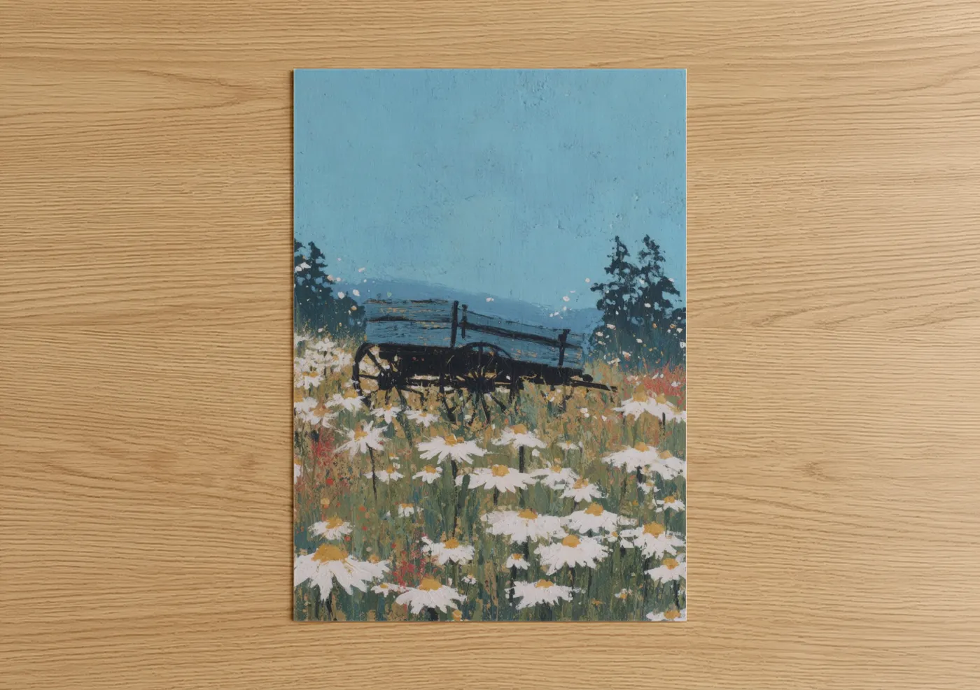 Art print on warm oak wood — blue and green palette — Wildflower Wagon poster