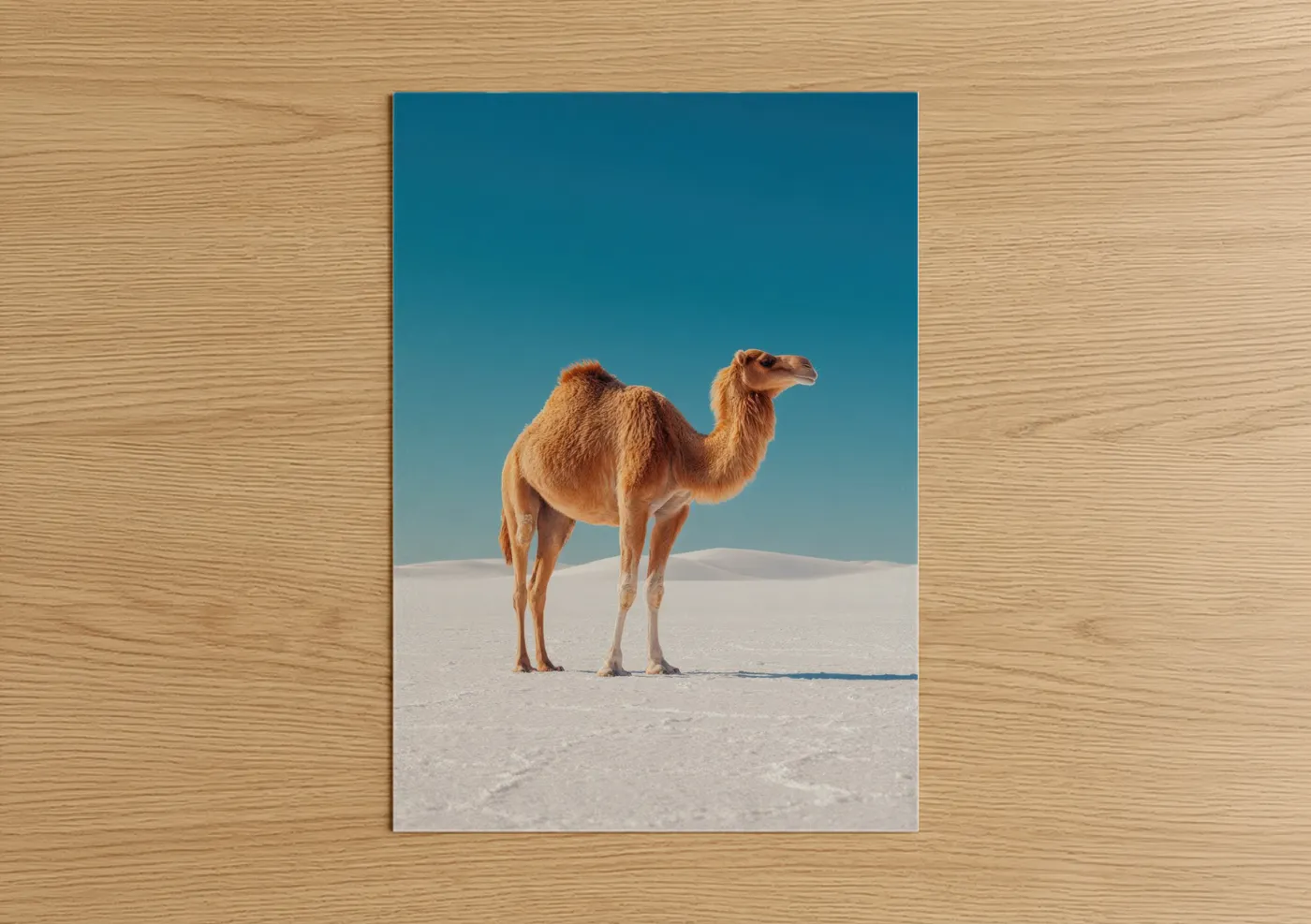 Art print on warm oak wood — turquoise and cream palette — Desert Camel Portrait poster
