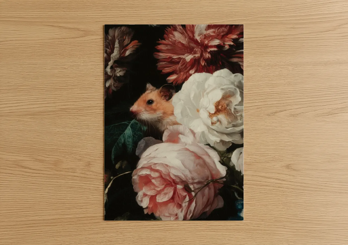 Art print on warm oak wood — black and rose gold palette — Floral Hamster Portrait poster