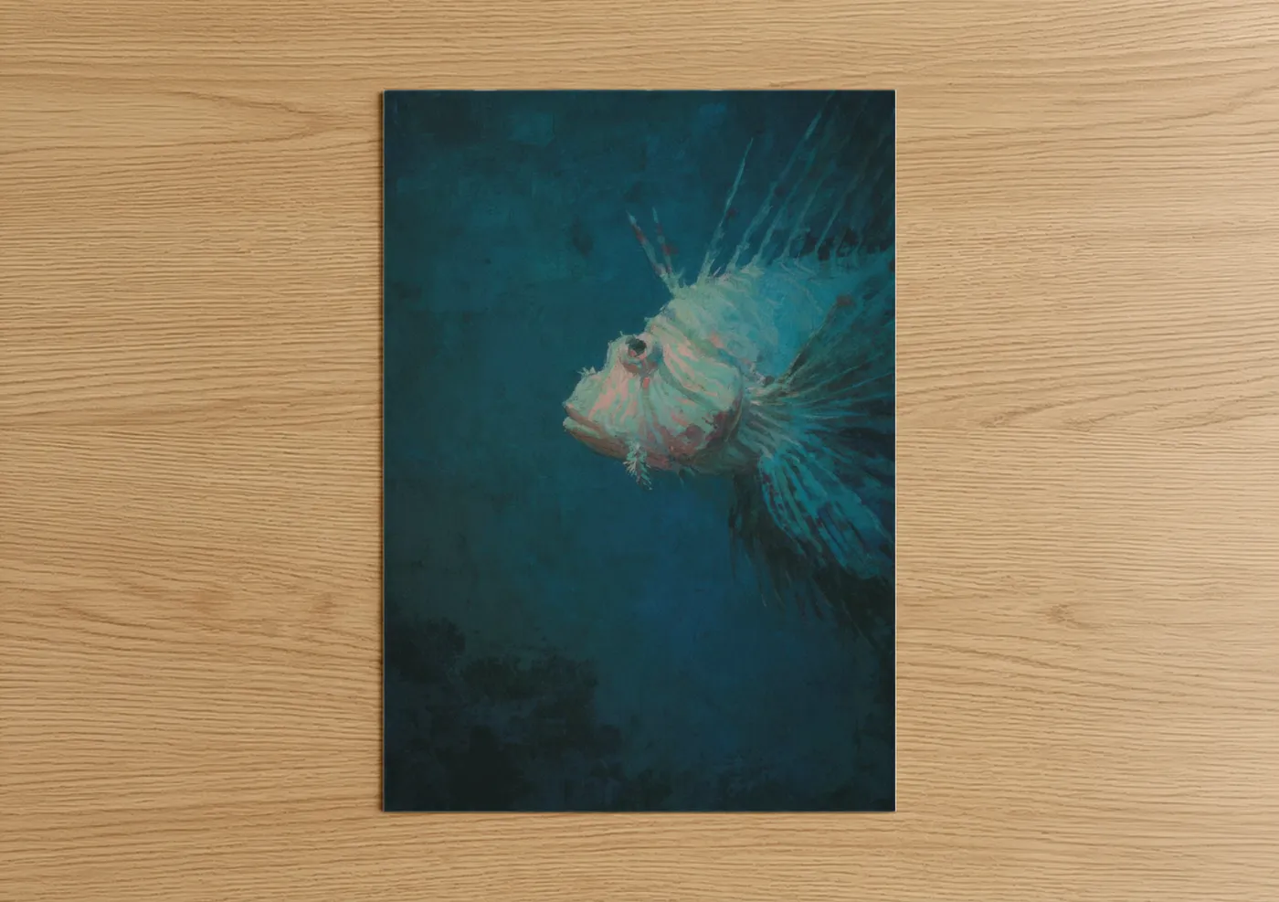 Art print on warm oak wood — dark blue and teal palette — Striped Lionfish poster