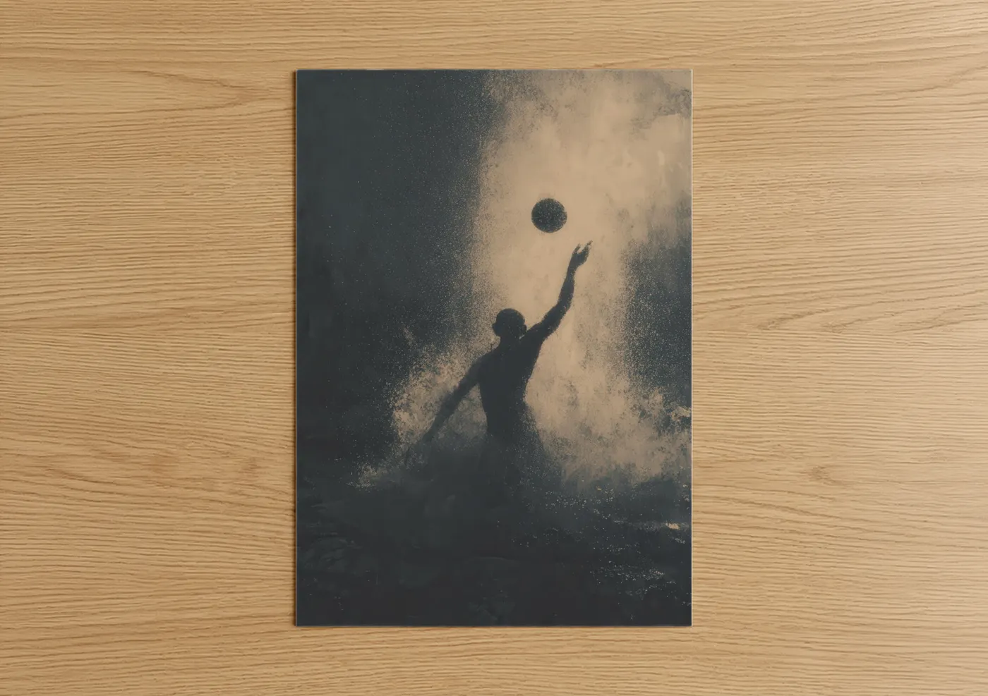 Water polo art print on warm oak wood — gray and gold palette — Ascending Athlete poster