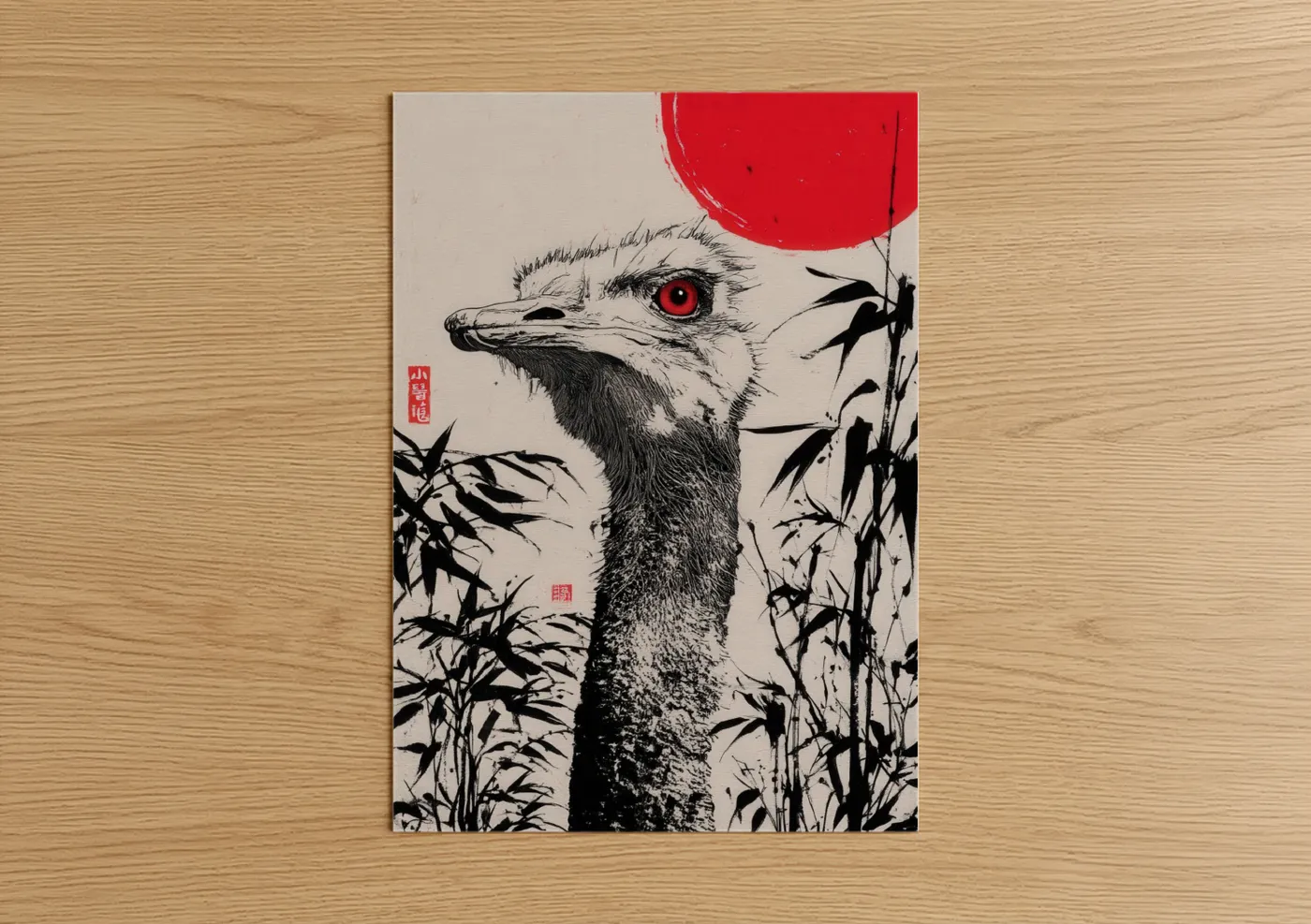 Art print on warm oak wood — black and white and red palette — Crimson Ostrich poster