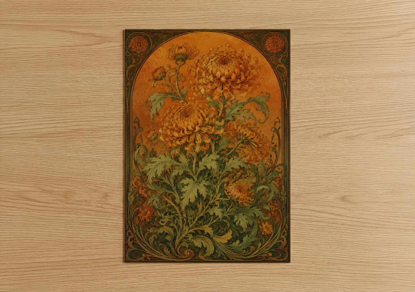 Art print on warm oak wood — orange and olive palette — Vintage Chrysanthemum Art Deco Wall Art poster