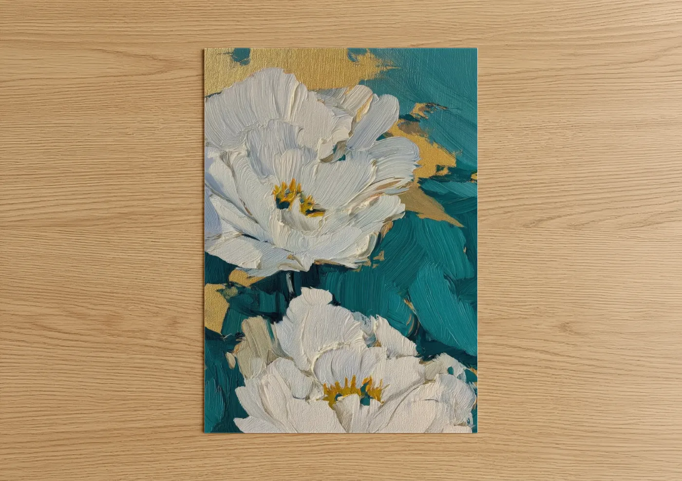 Abstract flower art print on warm oak wood — white and teal palette — White Peony Study poster
