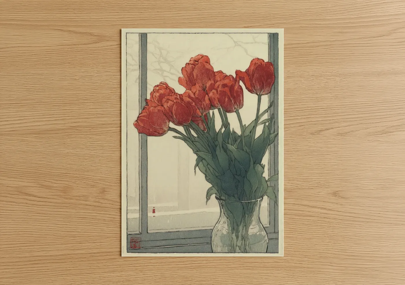 Red Tulips Window Botanical Print Wall Art
