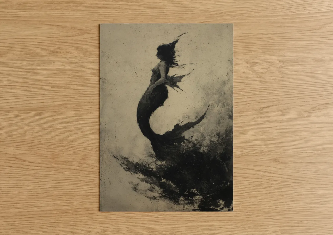 Art print on warm oak wood — black and white and dove gray palette — Ethereal Mermaid poster