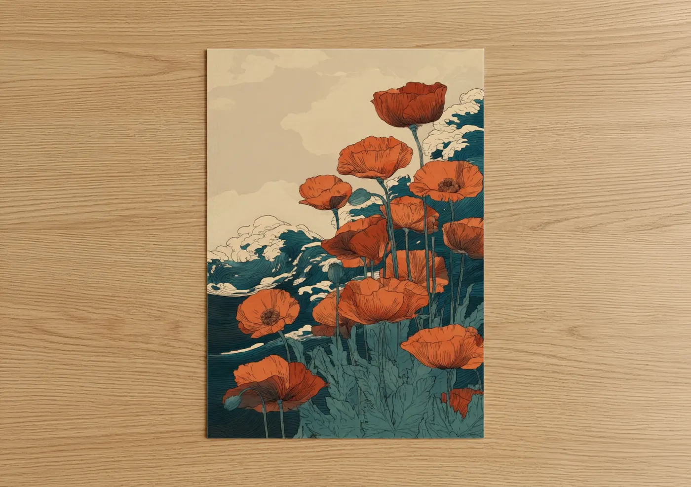 Art print on warm oak wood — orange and teal palette — Coastal Poppies poster
