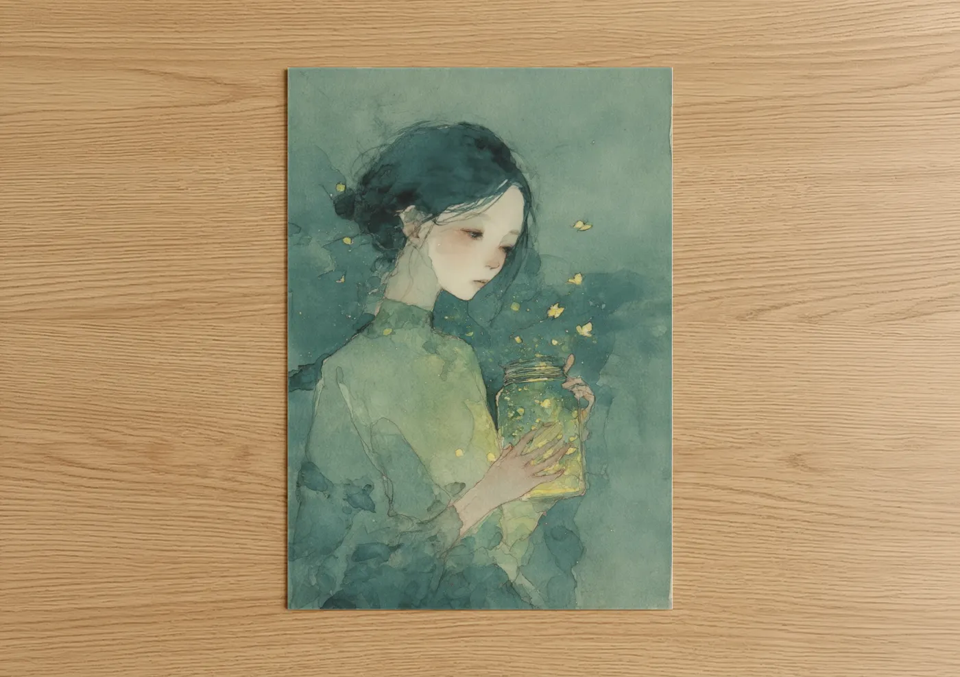 Ethereal Girl with Fireflies Watercolor Wall Art