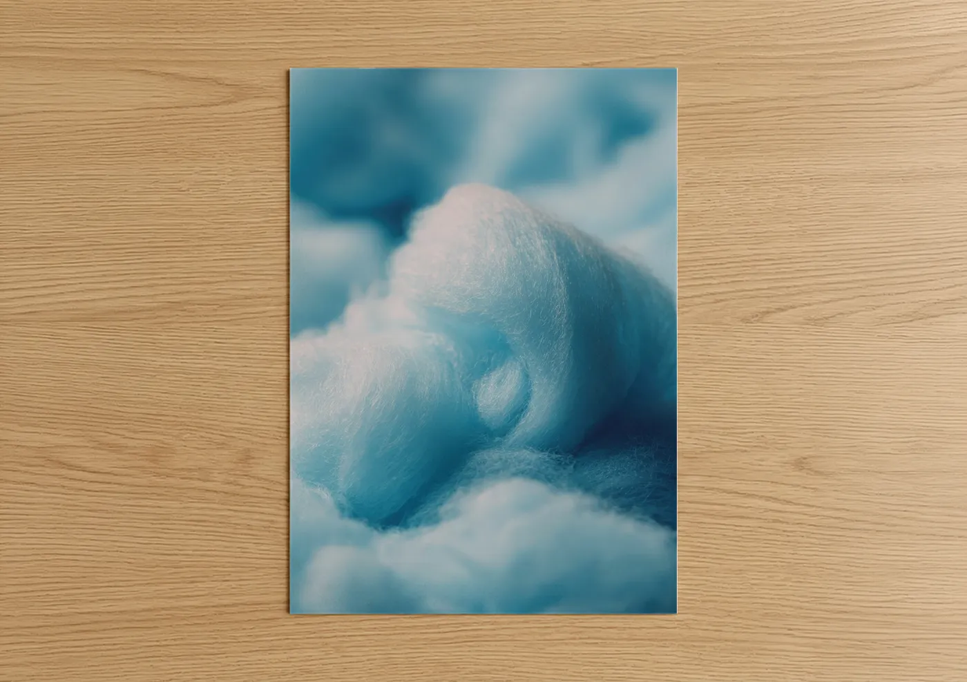 Sweet art print on warm oak wood — blue and white and light green palette — Fluffy Cotton Candy poster