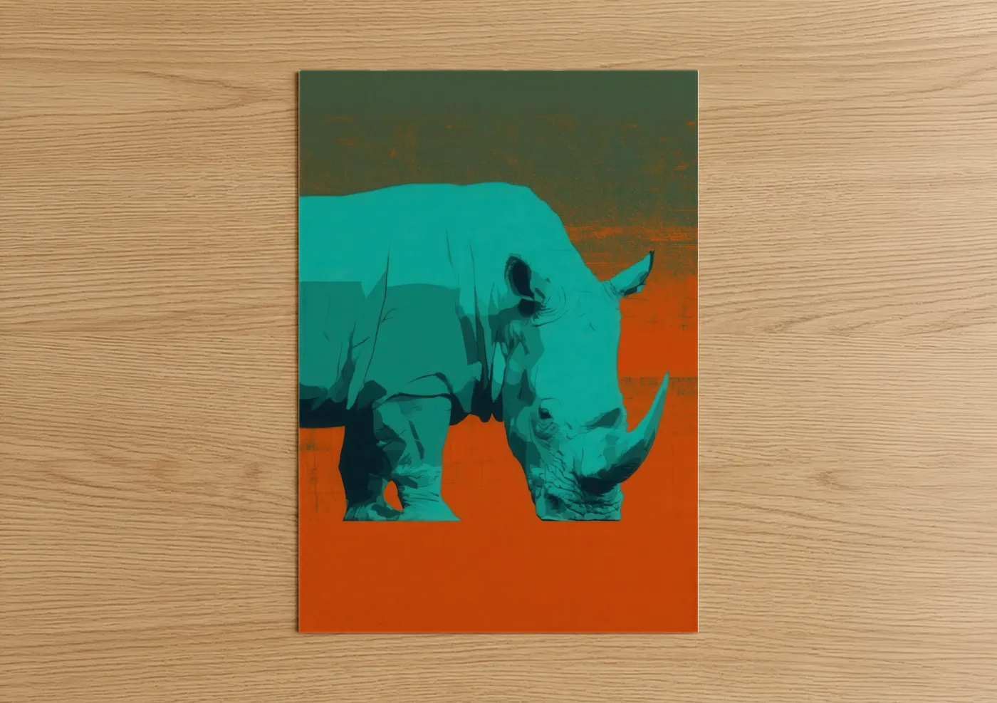 Art print on warm oak wood — teal and orange palette — Turquoise Rhino poster