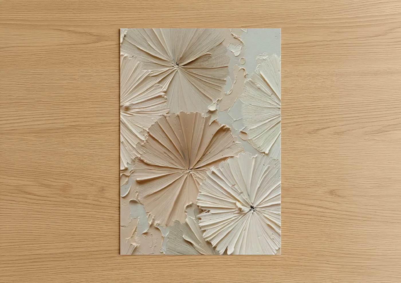 Abstract minimalist art print on warm oak wood — cream and white palette — Textured Blooms poster