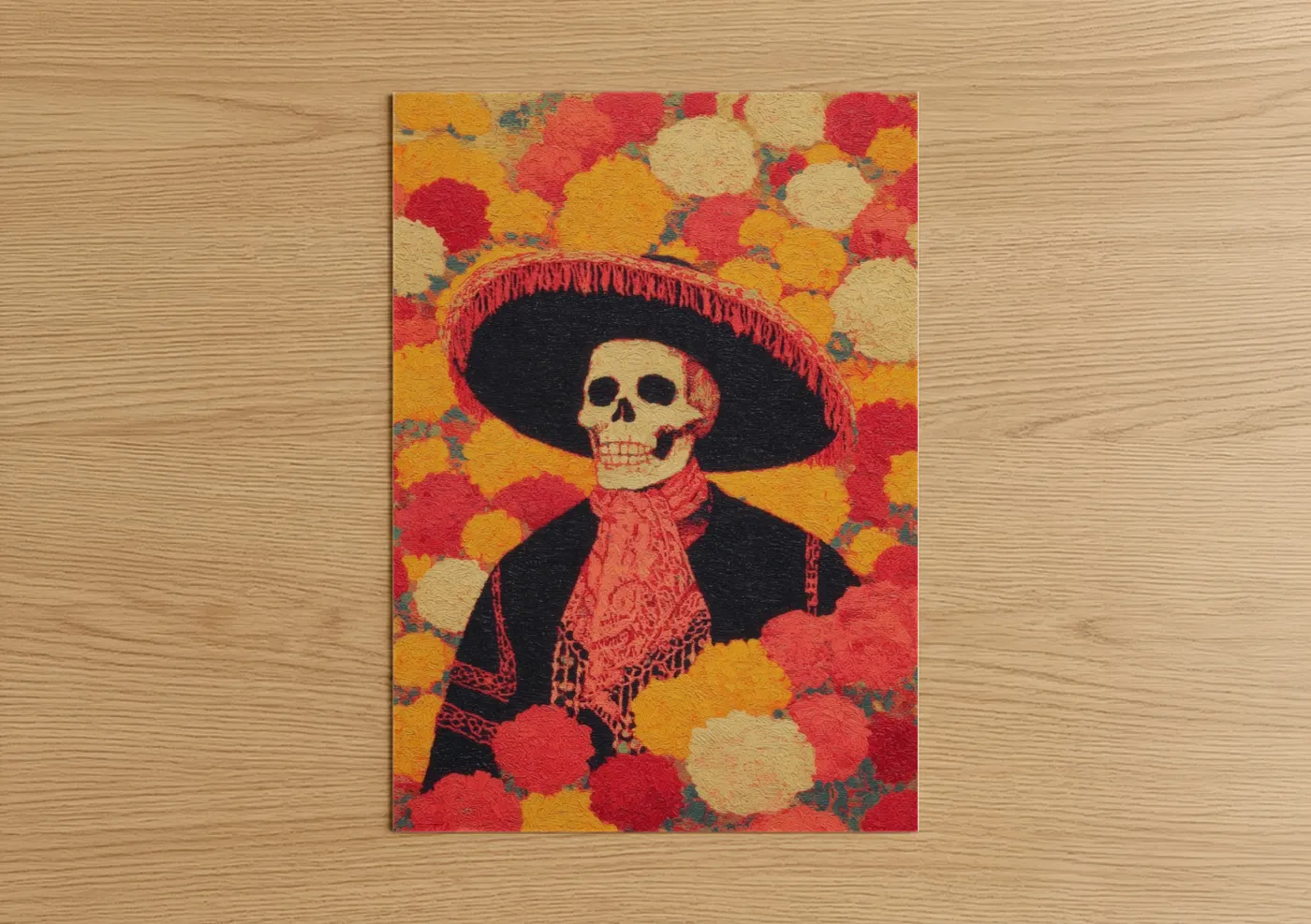 Dia de los muertos art print on warm oak wood — red and yellow gold palette — Festive Skeleton Portrait poster