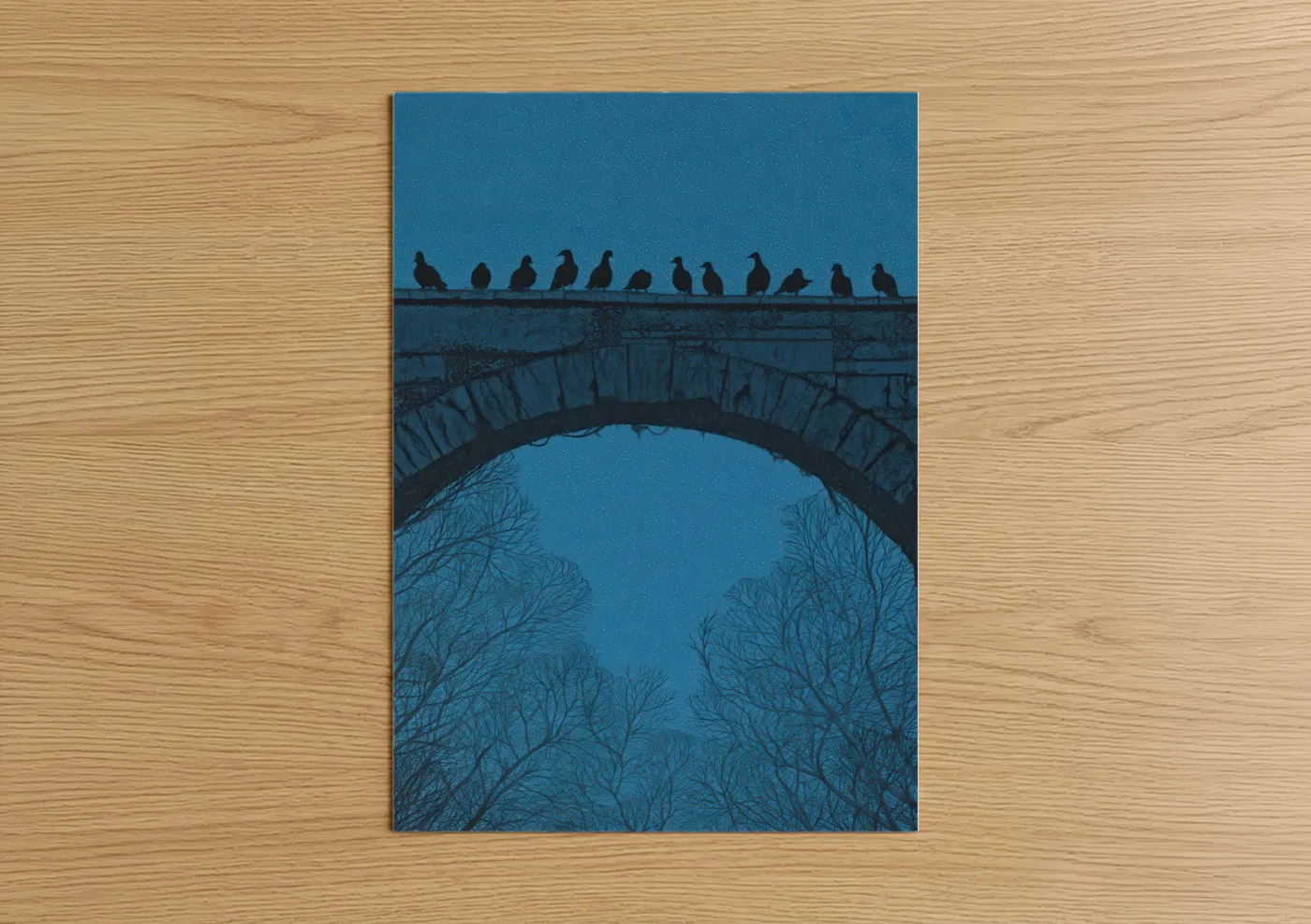 Pigeons on Stone Bridge at Dusk Wall Art