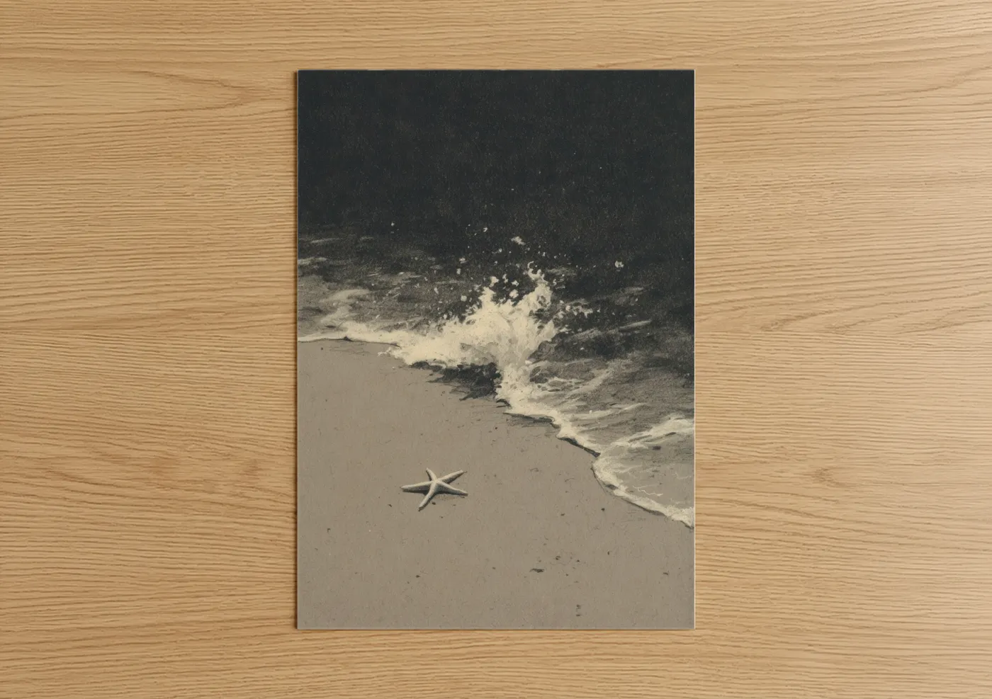 Art print on warm oak wood — beige and gray palette — Seaside Starfish poster