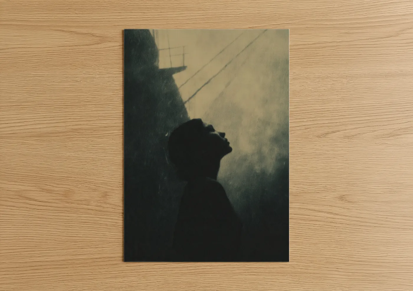 Art print on warm oak wood — black and white and dove gray palette — Siren's Silhouette poster