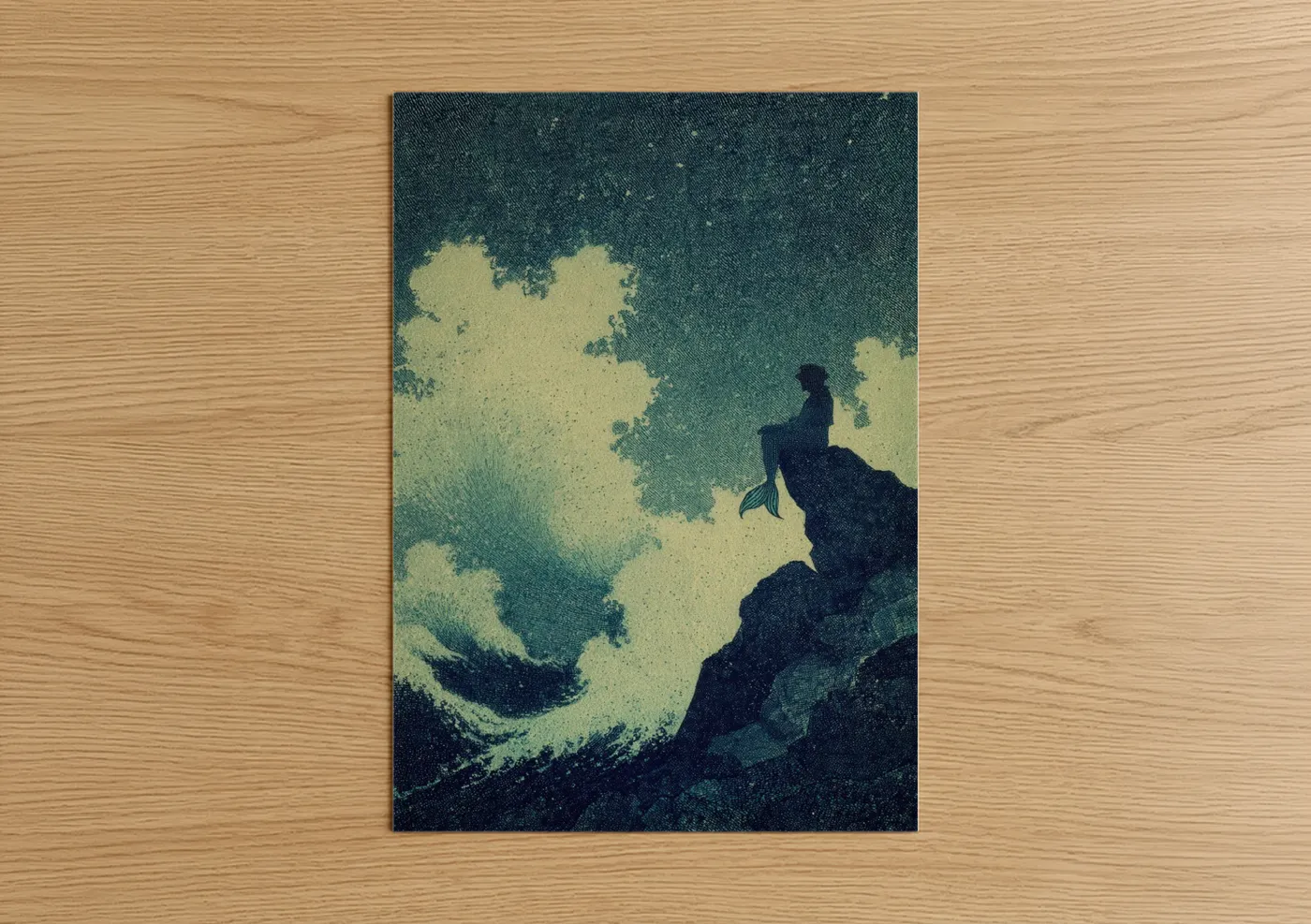 Fairytale art print on warm oak wood — dark blue and gold palette — Mermaid's Perch poster
