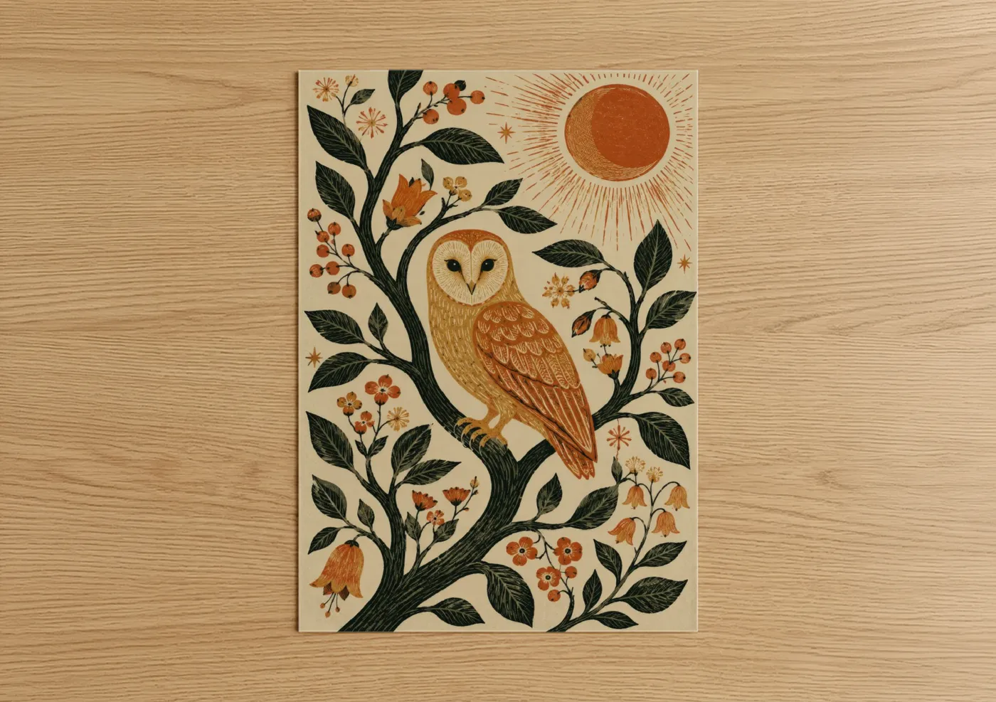 Art print on warm oak wood — beige and orange palette — Botanical Owl With Sun Wall Art poster
