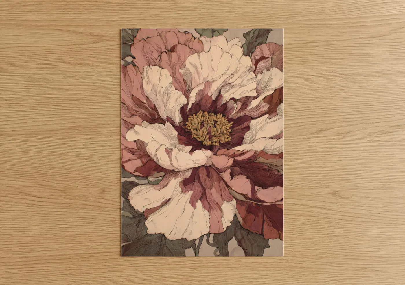 Art print on warm oak wood — peach and maroon palette — Blush Peony poster