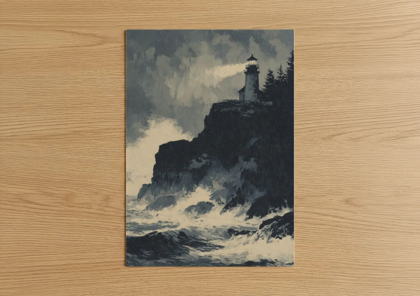 Night sky art print on warm oak wood — gray and black and white palette — Cliff Lighthouse poster
