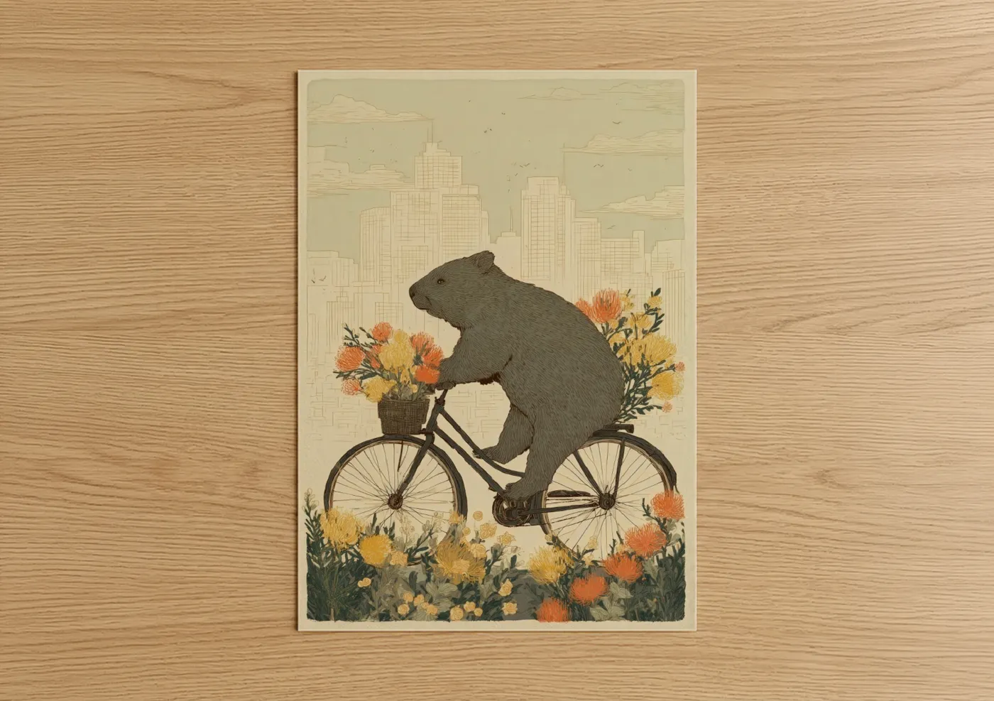 Urban Wombat Cycling Illustration Wall Art