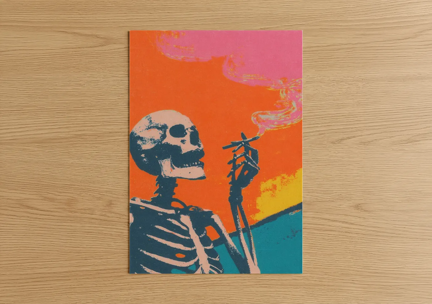Art print on warm oak wood — orange and pink palette — Skeletal Smoke poster