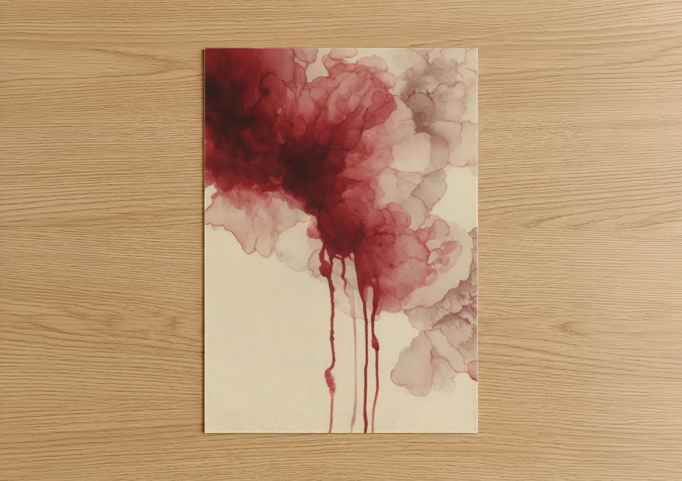 Red wine art print on warm oak wood — red and cream palette — Crimson Wine Pour poster