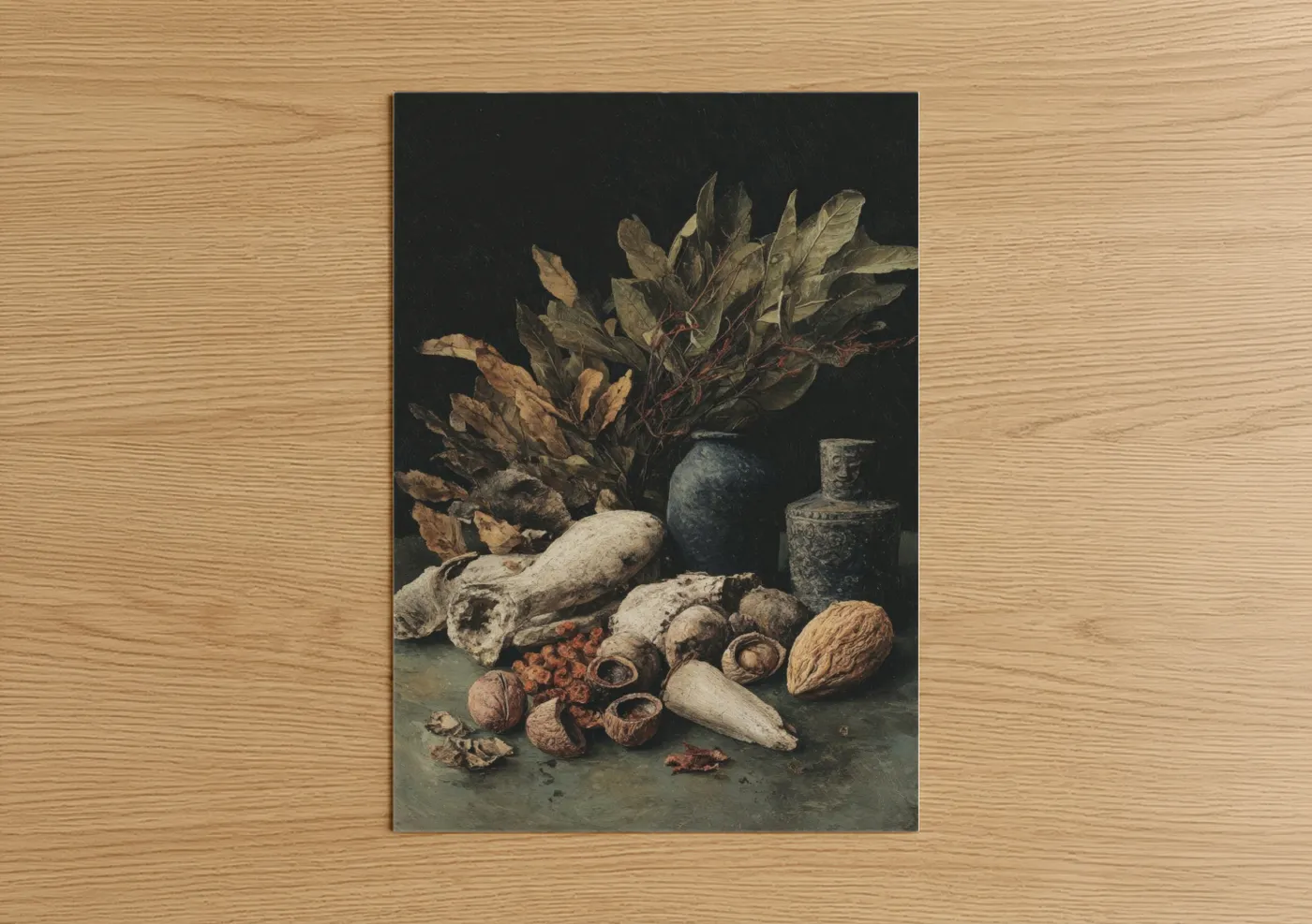 Banyan tree art print on warm oak wood — black and gold palette — Dried Banyan Botanical poster