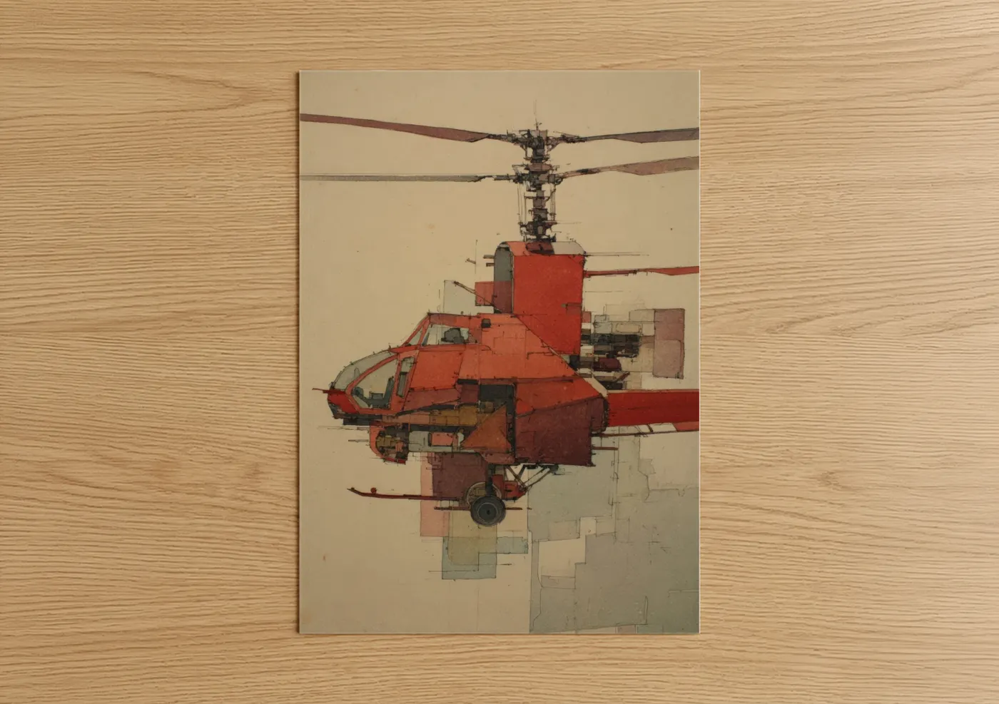 Art print on warm oak wood — red and beige palette — Red Helicopter Blueprint poster