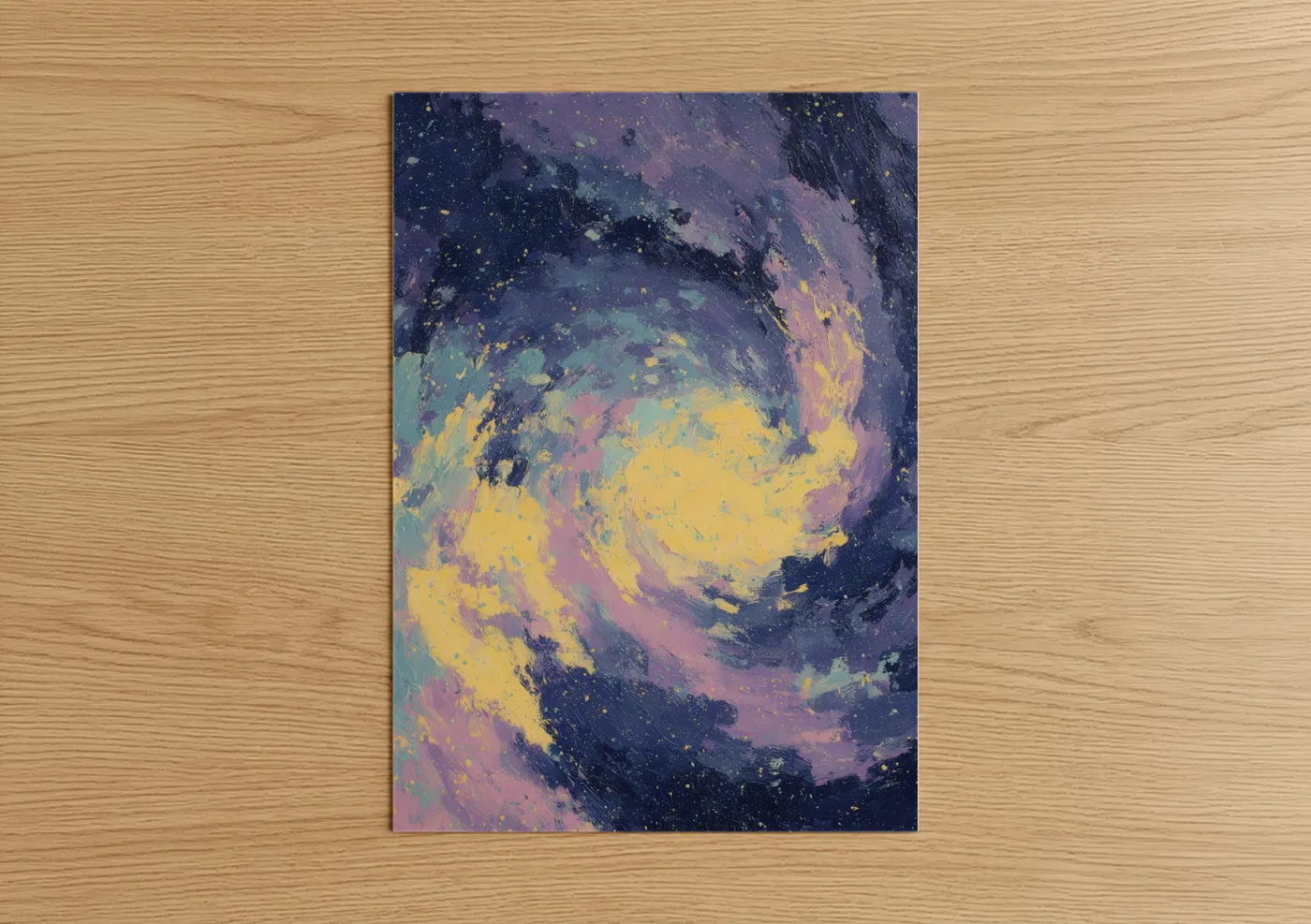 Star art print on warm oak wood — purple and gold palette — Cosmic Vortex poster