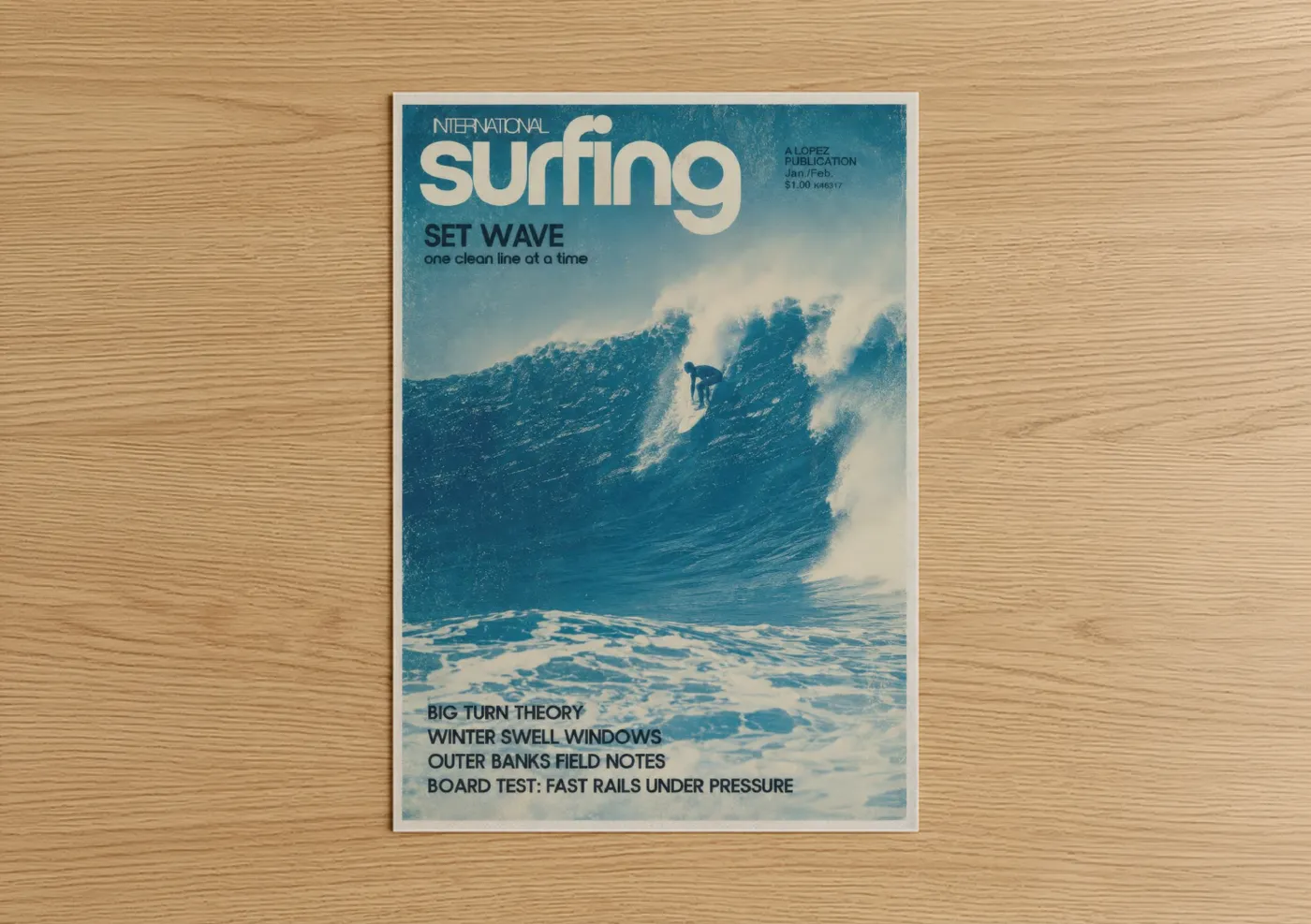 Water surfing art print on warm oak wood — blue and blue and white palette — Vintage Surfing Magazine Cover Wall Art poster