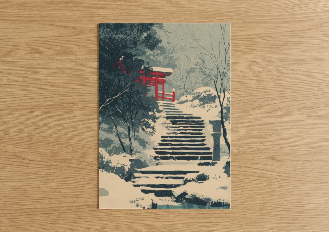 Art print on warm oak wood — blue and white and cream palette — Crimson Torii Staircase poster
