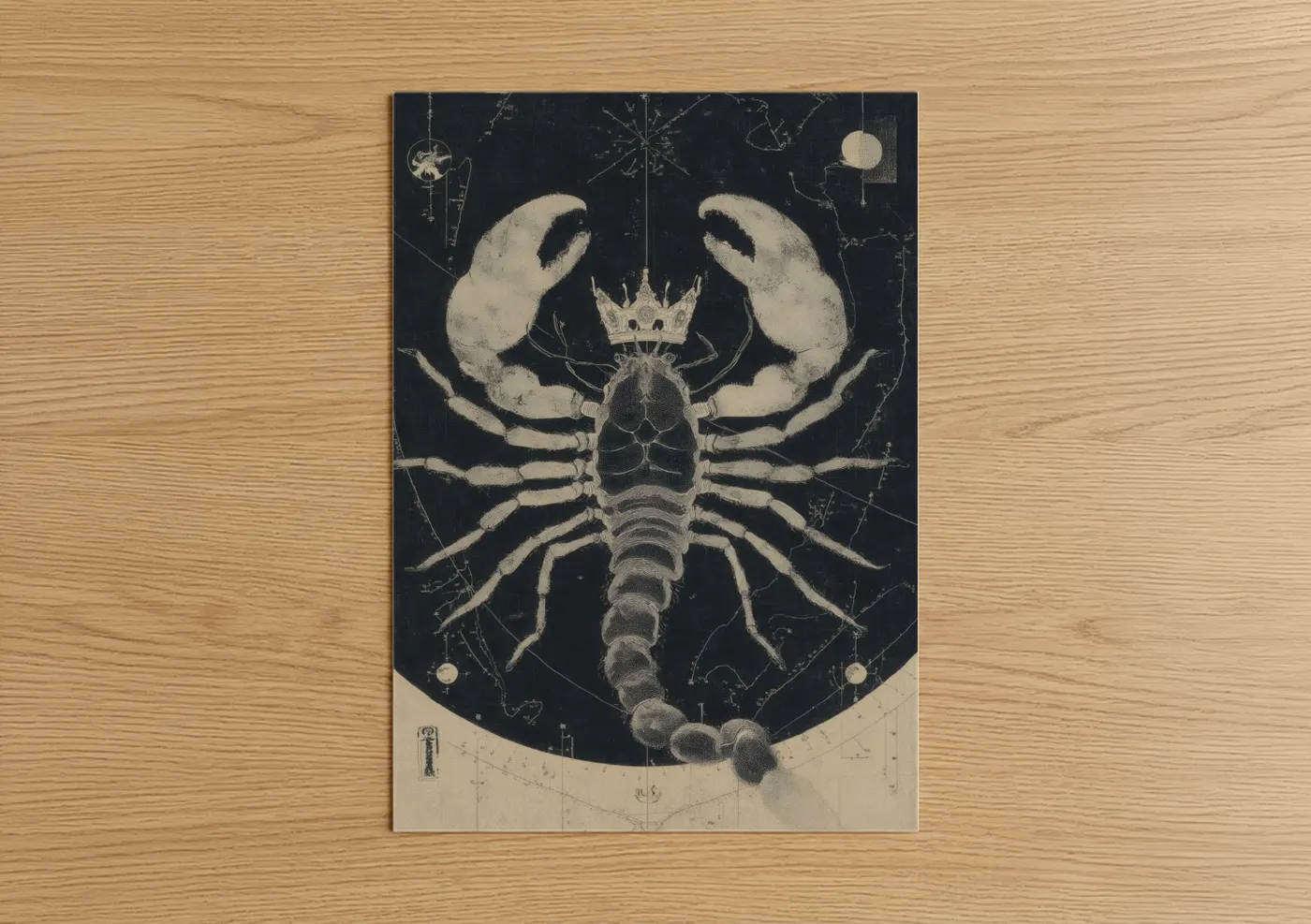 Art print on warm oak wood — cream and black palette — Celestial Scorpio poster