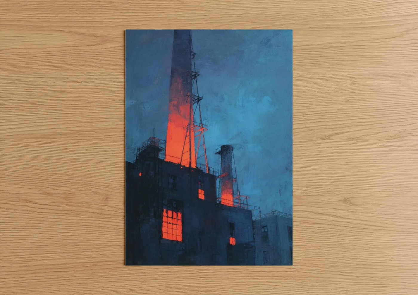 Power plant art print on warm oak wood — blue and red palette — Neon Power Station poster