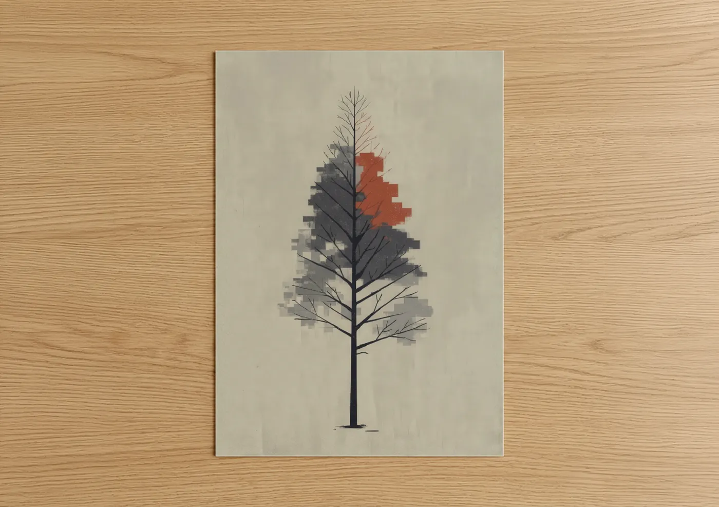 Redwood tree art print on warm oak wood — gray and russet palette — Pixelated Redwood poster