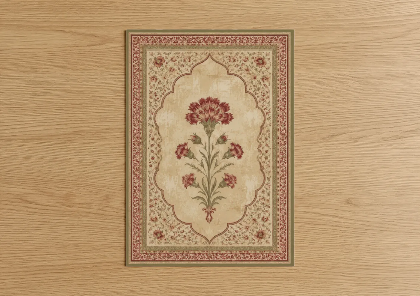 Carnations art print on warm oak wood — maroon and beige palette — Persian Carnation Botanical Wall Art poster