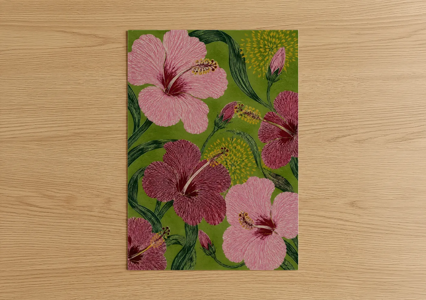 Art print on warm oak wood — salmon pink and olive palette — Pink Hibiscus Botanical Wall Art poster