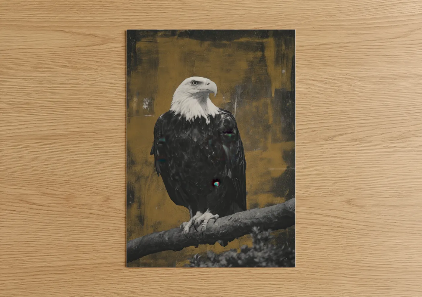Art print on warm oak wood — gold and black and white palette — Golden Eagle Portrait poster