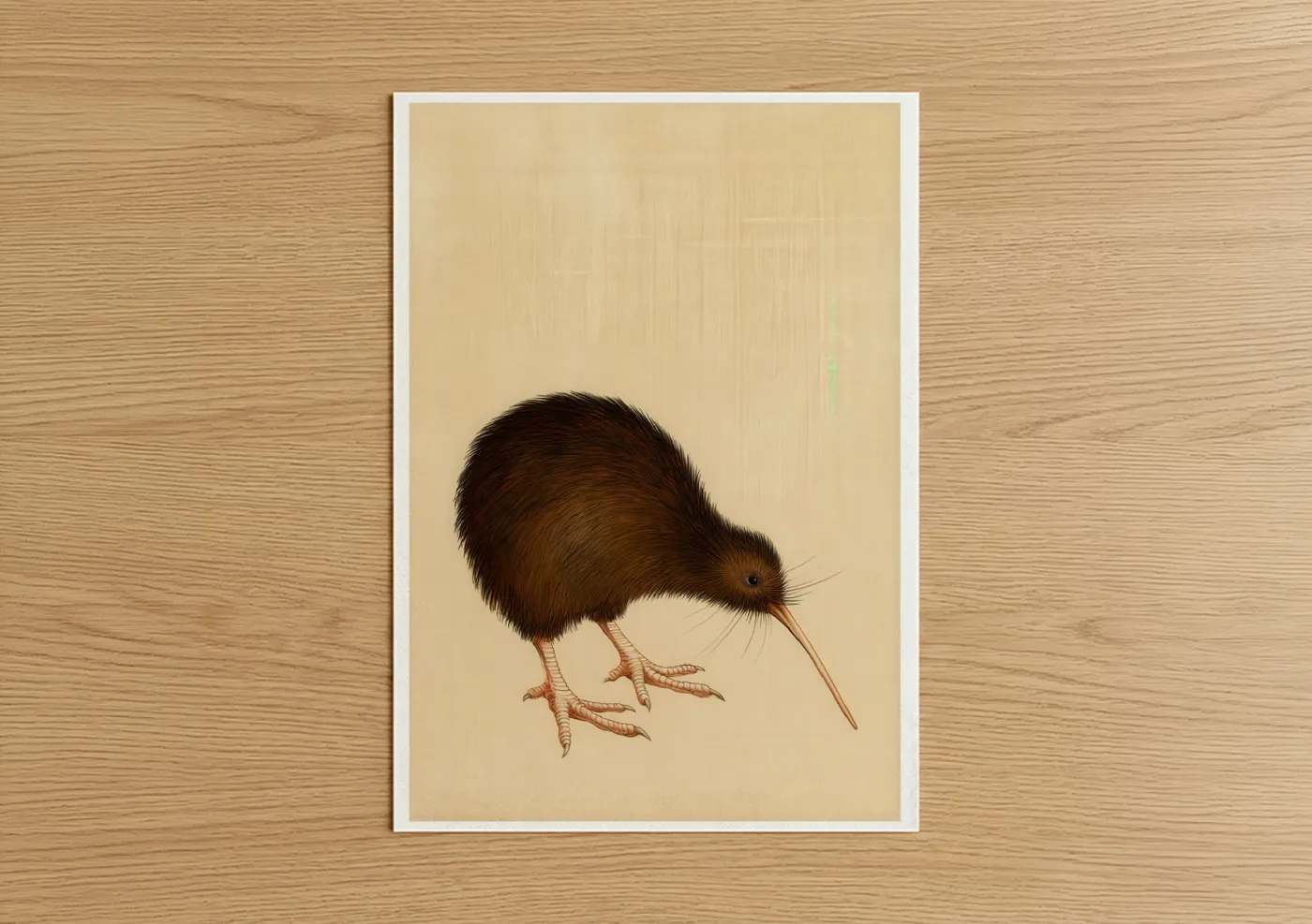 Art print on warm oak wood — beige and brown palette — Brown Kiwi Bird poster