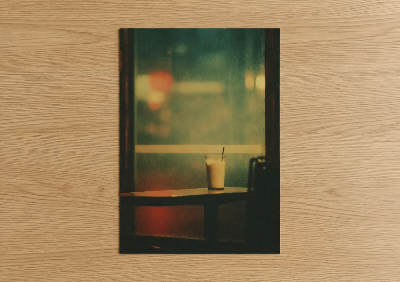 Art print on warm oak wood — gold and dark green palette — Nostalgic Milkshake poster