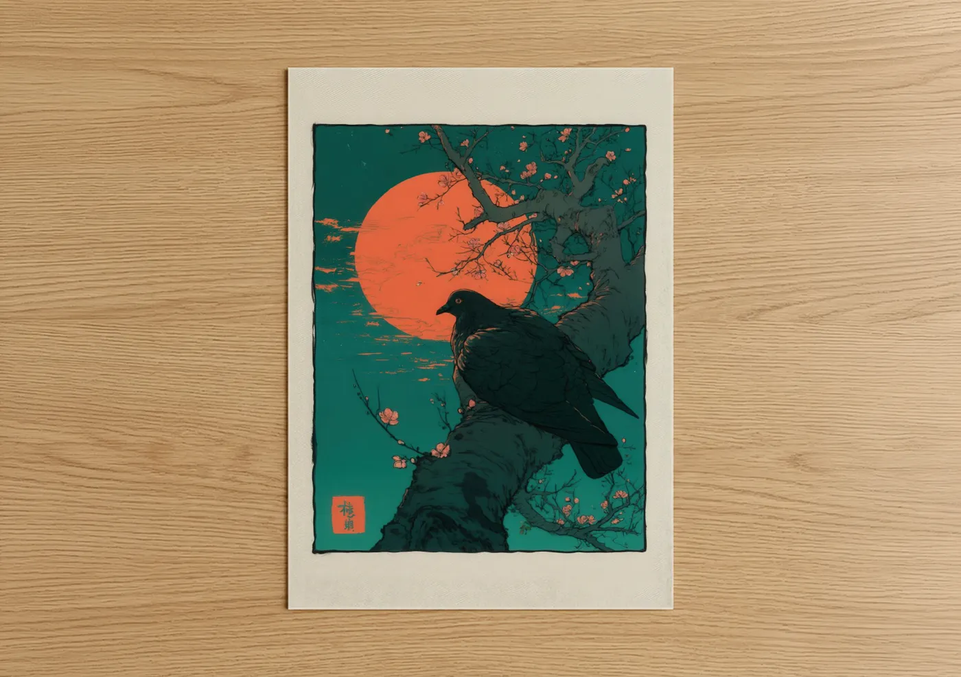 Crimson Moon Pigeon Japanese Wall Art